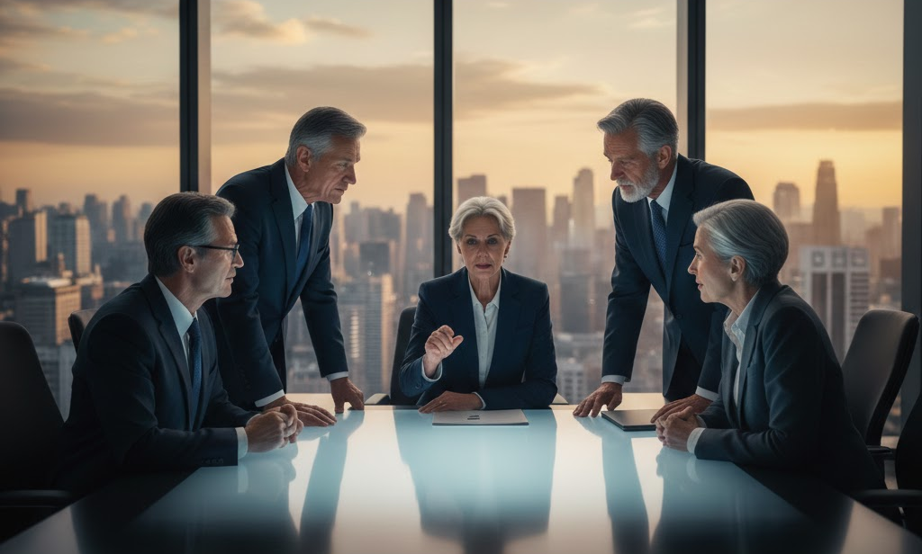 Senior executives in suits meet around boardroom table, city skyline visible through large windows