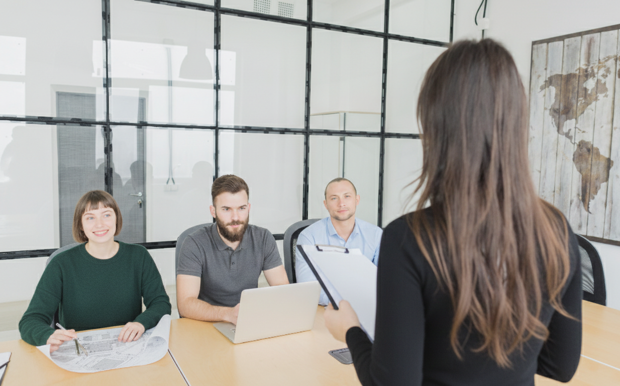 A woman with long hair presents to three colleagues seated at a table with a laptop