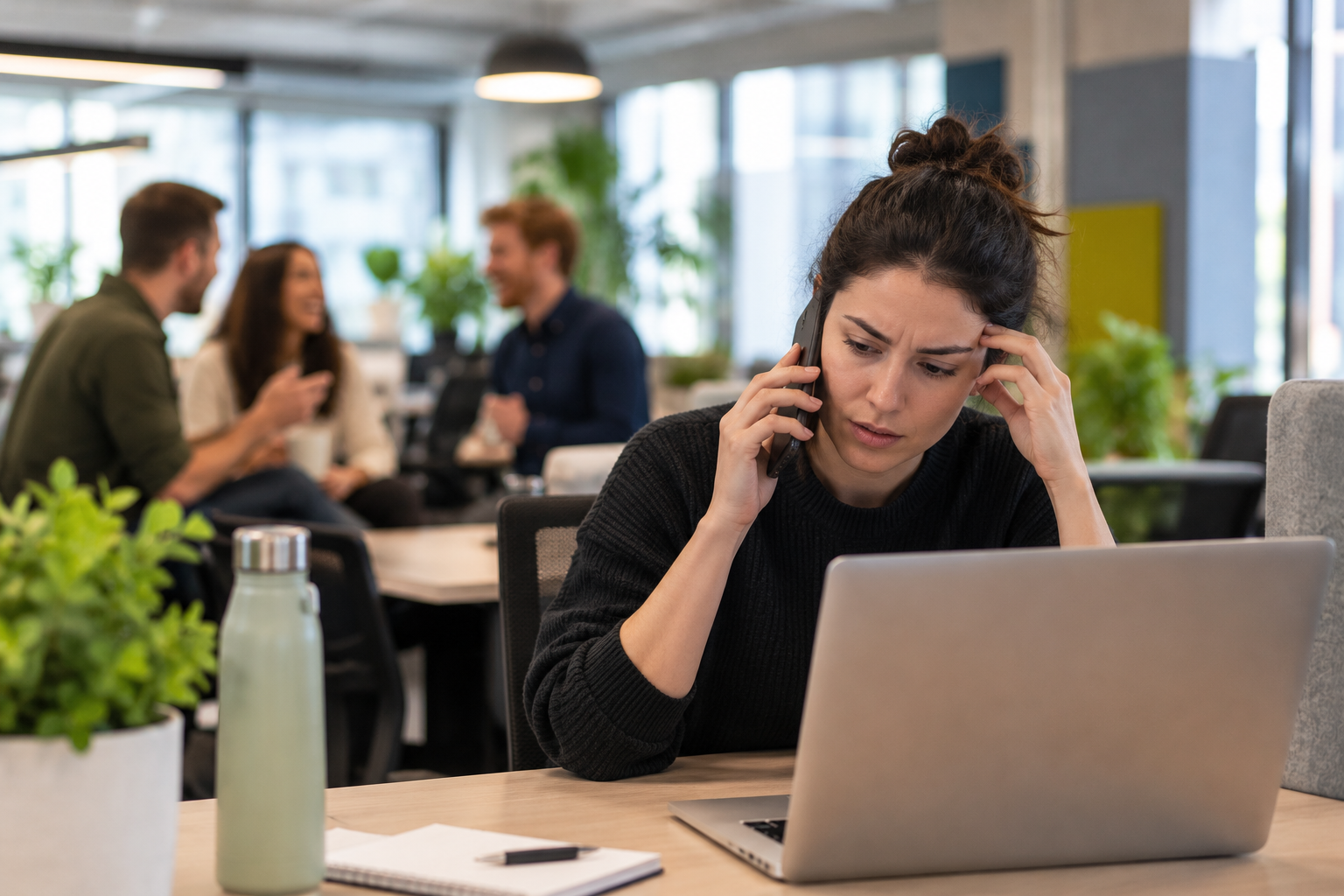 Woman in office looks stressed during phone call by laptop, colleagues chat in background, modern workspace setting