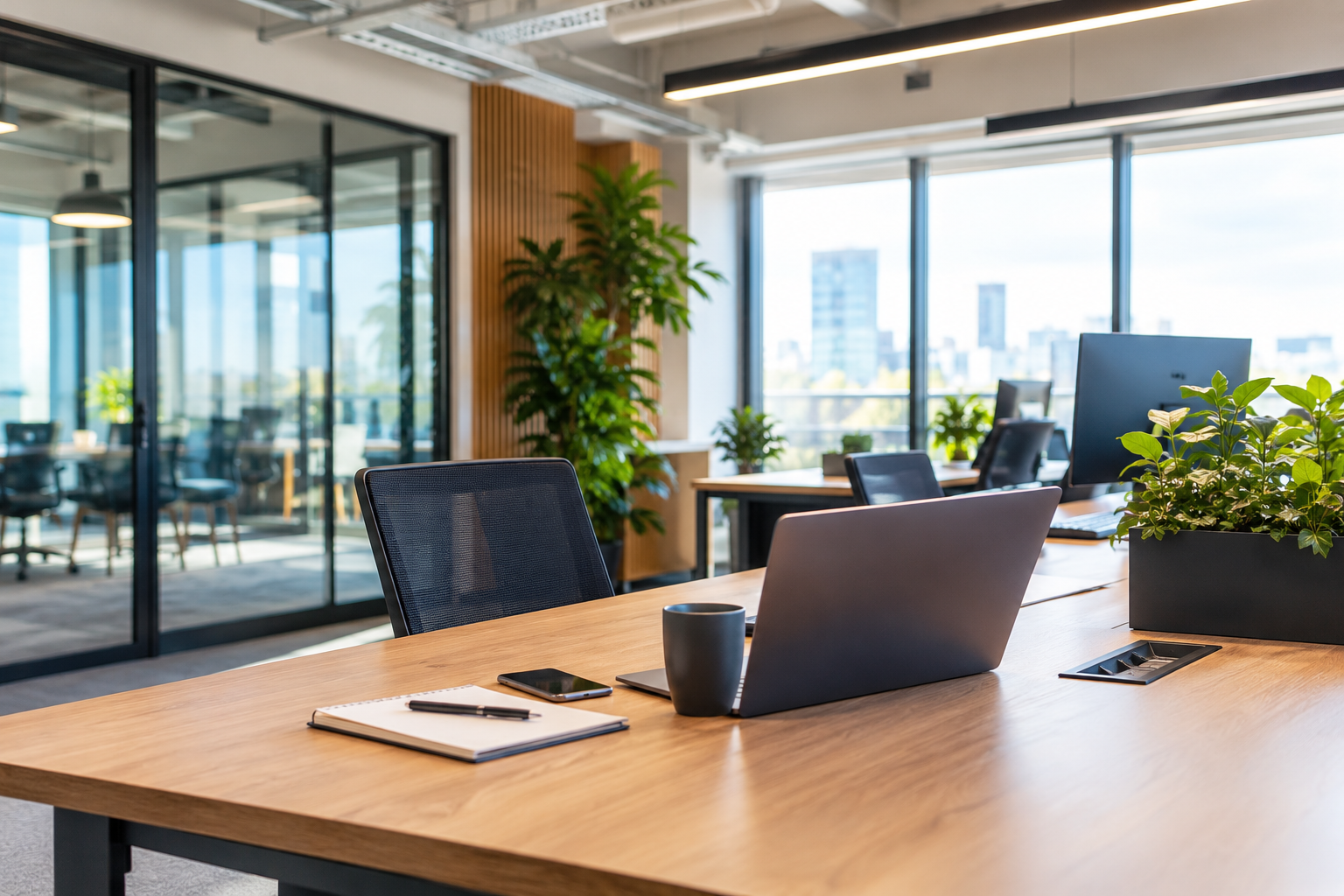 Modern office space with laptop, notebook, and smartphone on wooden desk, surrounded by greenery and large windows